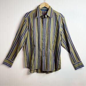 Robert Graham Olive Green Blue Embroidered Baja Ombre Southwestern Shirt Mens L